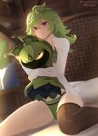  1girl absurdres blush bra brown_thighhighs closed_mouth collared_shirt collei_(genshin_impact) dress_shirt genshin_impact green_bra green_hair green_panties hair_between_eyes highres indoors long_hair long_sleeves multi-strapped_panties open_clothes open_shirt panties red_eyes shirt single_thighhigh sitting smile solo thighhighs underwear vilde_loh_hocen wariza white_shirt wing_collar 