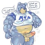  2023 animal_crossing anthro balls bear black_nose clothing curt_(animal_crossing) dialogue english_text erection genitals grey_body male mammal matchaijuice musclegut musk nintendo overweight overweight_male penis shirt simple_background solo text topwear white_background 