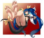  1girl ass bare_legs bare_shoulders barefoot belt blue_hair border breasts center_opening detached_sleeves dizzy_(guilty_gear) eiji_(eiji) feet foot_focus foreshortening guilty_gear guilty_gear_xrd hair_between_eyes hair_ribbon highres monster_girl red_eyes ribbon simple_background small_breasts soles solo tail tail_ornament tail_ribbon thigh_strap thighs toes toned underboob white_background white_border wide_sleeves yellow_ribbon 