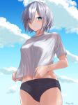  1girl absurdres alternate_costume black_buruma blue_eyes blue_sky breasts buruma clothes_lift cloud dangan_kurabu eyes_visible_through_hair grey_hair grey_shirt hair_ornament hair_over_one_eye hairclip hamakaze_(kancolle) highres kantai_collection large_breasts lifted_by_self looking_at_viewer midriff_peek navel outdoors parted_lips shirt shirt_lift shirt_overhang short_hair sky solo twitter_username 