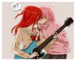  !? 2girls belt blush bocchi_the_rock! bow breasts closed_eyes commentary_request electric_guitar floral_print framed from_side gibson_les_paul gotou_hitori guitar hand_on_another&#039;s_shoulder heart highres holding holding_instrument huzya_ta instrument jacket kiss kita_ikuyo long_hair long_sleeves medium_hair multiple_girls music neckerchief pink_hair playing_instrument pleated_skirt ponytail red_hair school_uniform side_ponytail sidelocks signature simple_background skirt small_breasts surprise_kiss surprised track_jacket track_suit twitter_username upper_body yuri 