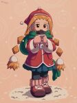  1girl artist_name boots coffee_cup cup disposable_cup gloves gurumin hat headphones highres holding holding_cup jacket long_hair orange_background orange_hair parin pink_gloves prilajathefairy red_footwear red_headwear red_jacket snow snowing solo twintails winter_clothes 