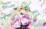  1girl antlers birthday blush branch breasts bright_pupils brown_eyes ceres_fauna choker cleavage closed_mouth dress floral_background green_hair hair_between_eyes hands_up happy_birthday hololive hololive_english lace_trim large_breasts long_hair long_sleeves looking_at_viewer smile solo sowon two_side_up upper_body virtual_youtuber 