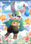  :d animal_ear_fluff animal_ears arm_up black_hair black_pants blue_eyes blue_sky blurry blurry_background boots brown_footwear cape cloud cloudy_sky commentary_request commission day depth_of_field flower furry green_cape hair_between_eyes hat kou_hiyoyo long_sleeves looking_at_viewer original outdoors pants puffy_pants red_flower shirt skeb_commission sky smile star_(symbol) striped striped_shirt 