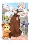  1girl :d apron ascot blush border breasts brown_apron brown_ascot brown_skirt buttons claws commentary_request day gloves green_eyes green_hair hat highres inrou_(112inorru112) katy_(pokemon) nymble open_mouth outdoors pokemon pokemon_(creature) pokemon_(game) pokemon_sv puffy_sleeves shirt shoes short_sleeves skirt smile spider_web_print tarountula teddiursa waist_apron white_border white_footwear 