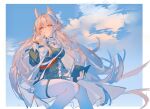  1girl absurdres animal_ear_fluff animal_ears arknights black_dress breasts brown_eyes cloud cloudy_sky dress feet_out_of_frame gloves hair_between_eyes hand_up highres holding jianxingyanghuawu65409 knees_together_feet_apart long_hair long_sleeves medium_breasts pink_hair pozyomka_(arknights) sitting sky solo very_long_hair white_gloves 