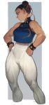  1girl abs black_hair bracelet chun-li collar double_bun earrings hair_bun hands_on_own_hips highres jewelry midriff morry muscular muscular_female pants solo spiked_bracelet spikes street_fighter thick_thighs thighs toned yoga_pants 
