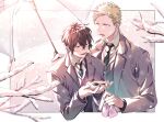  2boys black_eyes black_hair blonde_hair branch given highres holding holding_snowball holding_umbrella kaji_akihiko leaf looking_at_object male_focus multiple_boys murata_ugetsu napkin necktie open_mouth outline pinoli_(pinoli66) school_uniform snow transparent transparent_umbrella umbrella upper_body white_outline 