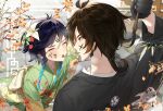  2boys aqua_hair black_hair black_kimono braid brown_hair calligraphy_brush closed_eyes earrings flower genshin_impact gradient_hair green_kimono hair_between_eyes hair_flower hair_ornament highres japanese_clothes jewelry kimono kkopoli long_hair long_sleeves male_focus multicolored_hair multiple_boys paintbrush ponytail tongue tongue_out twin_braids venti_(genshin_impact) zhongli_(genshin_impact) 