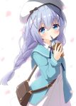  1girl azel_(laevateinn495) bag blue_eyes drink gochuumon_wa_usagi_desu_ka? hair_between_eyes hair_ornament highres kafuu_chino long_hair necktie shoulder_bag solo white_background white_headwear x_hair_ornament 