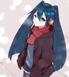  1girl alternate_costume blue_eyes blue_hair blue_shirt breath brown_jacket hand_in_pocket headphones highres jacket kotomochixx long_hair looking_up monohoshizao_(tenka_hyakken) open_clothes open_jacket parted_lips red_scarf scarf shirt snowing solo stone_floor tenka_hyakken twintails upper_body winter_clothes 