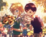  2boys basil_(omori) black_eyes black_hair black_sweater_vest blonde_hair blue_eyes bouquet brown_shorts closed_mouth collared_shirt day expressionless flower green_sweater_vest hair_flower hair_ornament highres holding holding_bouquet hyaku_(momongamomomo) looking_at_another multiple_boys omori outdoors shirt short_hair shorts sunflower sunny_(omori) sweater_vest white_shirt 