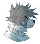  anthro canid cheek_tuft collar eyebrows facial_tuft fangs hair headshot_portrait hi_res male mammal messy_hair mouth_closed narrowed_eyes neck_tuft portrait princelykaden red_eyes short_hair side_view simple_background solo spiked_collar spikes spot_color teeth tuft 