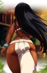  1girl artist_name ass ass_focus back bandeau bare_shoulders black_hair blurry blurry_background bracelet chel_(the_road_to_el_dorado) commentary cowboy_shot dark-skinned_female dark_skin dated earrings english_commentary facing_away from_behind glint gold highres hoop_earrings jewelry lens_flare loincloth long_hair narrow_waist outdoors peach-cup shiny_skin signature solo standing the_road_to_el_dorado thick_thighs thighs walking wide_hips 