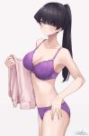  1girl absurdres black_hair blue_eyes bra breasts cleavage closed_mouth collarbone commentary from_side highres holding holding_clothes holding_shirt komi-san_wa_komyushou_desu komi_shouko lace-trimmed_bra lace-trimmed_panties lace_trim large_breasts long_hair looking_at_viewer looking_to_the_side navel panties purple_bra purple_panties shirt signature simple_background solo stomach underwear underwear_only white_background yuhi 
