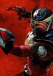  1boy armor armored_bodysuit breastplate commentary compound_eyes fighting_stance kamen_rider kamen_rider_ryuki kamen_rider_ryuki_(series) kouta_decade red_background red_eyes red_theme signature simple_background solo tokusatsu upper_body 