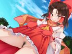  1girl ascot black_hair blue_sky bow brown_eyes clothes_lift cloud commentary_request detached_sleeves dutch_angle female_pubic_hair frilled_skirt frills gloves hair_bow hair_tubes hakurei_reimu highres lifted_by_self momendoufu outdoors parted_lips pubic_hair red_bow red_gloves ribbon-trimmed_sleeves ribbon_trim short_hair sidelocks skirt skirt_lift sky solo touhou yellow_ascot 
