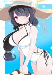  1girl black_choker black_hair blue_archive blue_background breasts choker cleavage flower hair_over_one_eye hat hat_flower highres hinata_(blue_archive) hinata_(swimsuit)_(blue_archive) large_breasts long_hair low-tied_long_hair one-piece_swimsuit red_eyes straw_hat swimsuit urode white_one-piece_swimsuit 