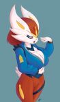  anthro big_breasts breasts cinderace cleavage clothed clothing featureless_crotch female fur generation_8_pokemon hi_res jacket lagomorph leaniv mammal nintendo pokemon pokemon_(species) solo standing topwear white_body white_fur 