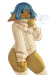  1girl ;) absurdres blue_hair bottomless brown_eyes colored_skin female_goblin goblin green_skin highres large_ears long_sleeves looking_at_viewer maewix_(artist) one_eye_closed original pointy_ears pom_pom_(clothes) rissma_(maewix) simple_background smile solo sweater thick_eyebrows thighhighs turtleneck turtleneck_sweater white_background white_sweater white_thighhighs 