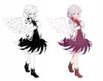  1girl brown_footwear closed_mouth dress feathered_wings full_body grey_hair grey_jacket highres jacket kishin_sagume maguro_(mawaru_sushi) multiple_views open_clothes open_jacket purple_dress red_eyes shoes short_hair simple_background single_wing touhou white_background white_wings wings 