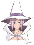  1girl andanden aria athena_glory blue_eyes breasts cape cleavage closed_mouth collarbone dark-skinned_female dark_skin hat highres looking_at_viewer parted_bangs popped_collar purple_hair short_hair sidelocks signature smile solo upper_body white_cape white_headwear witch_hat 