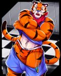  abs absurd_res aktiloth anthro blue_nose blush bodily_fluids bottomwear bottomwear_pull bulge clothed clothing clothing_pull felid feline frosted_flakes fur hankerchief hi_res kellogg&#039;s key keychain locker_room male mammal markings mascot muscular muscular_anthro muscular_male orange_body orange_fur pantherine partially_clothed pattern_clothing pattern_underwear shirt shorts shorts_down shorts_pull simple_background striped_body striped_clothing striped_fur striped_markings striped_tail striped_underwear stripes sweat tail tail_markings tank_top tiger tony_the_tiger topwear underwear undressing undressing_self wardrobe_malfunction whiskers 