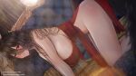  all_fours black_hair blue_archive blush breasts dress dutch_angle from_side hair_between_eyes hanging_breasts hasumi_(blue_archive) huge_breasts kitsune-neko long_hair looking_at_viewer no_bra no_panties red_dress red_eyes side_slit sideboob thighs 