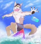  anthro athletic bottomwear canid canine canis clothing epic_games fortnite hi_res ktart77 male male/male mammal pawpads shorts smile solo surfboard surfing tongue tongue_out water wendell_(fortnite) wolf 