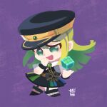  1girl alina_gray bad_id bad_twitter_id black_bow black_footwear black_headwear black_vest blonde_hair blunt_ends bow chibi cube full_body gera-magia green_eyes green_hair hair_between_eyes hand_to_own_mouth hat long_hair looking_at_viewer magia_record:_mahou_shoujo_madoka_magica_gaiden magical_girl mahou_shoujo_madoka_magica multicolored_clothes multicolored_hair multicolored_skirt open_mouth peaked_cap pleated_skirt puffy_short_sleeves puffy_sleeves short_sleeves skirt smile solo standing straight_hair streaked_hair striped striped_skirt v-neck vertical-striped_skirt vertical_stripes vest waist_bow 