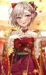  1girl absurdres anastasia_(idolmaster) autumn autumn_leaves blue_eyes blurry blurry_foreground blush bow braid braided_bangs breasts collarbone curled_fingers day dress earrings falling_leaves flower hair_between_eyes hair_bow hair_flower hair_ornament highres idolmaster idolmaster_cinderella_girls jewelry leaf long_sleeves looking_at_viewer maple_leaf multicolored_clothes multicolored_dress neck_ring off-shoulder_dress off_shoulder open_mouth outdoors pleated_dress rum_raisin_(chihiromakita19) short_braid short_hair single_earring sky smile solo spread_fingers tassel thick_eyelashes thick_outlines white_hair wide_sleeves wind 