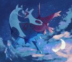  absurdres cloud commentary_request crescent_moon flying full_body heads_together highres latias latios looking_at_another moon nekozane_chisa night no_humans outdoors pokemon pokemon_(creature) red_eyes sky star_(sky) starry_sky yellow_eyes 