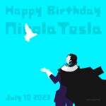  1boy absurdres aqua_background bird black_hair blue_hair cape character_name cowboy_shot dated fate/grand_order fate_(series) gloves gradient_hair gunojigunoji hair_slicked_back happy_birthday highres long_hair long_sleeves male_focus multicolored_hair nikola_tesla_(fate) pigeon simple_background solo white_gloves 