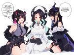  3girls absurdres anerissa_ravencroft asymmetrical_gloves black_hair blue_hair breasts colored_inner_hair demon_horns dress highres hololive hololive_english horns keisea large_breasts long_hair mole mole_under_eye multicolored_hair multiple_girls nerissa_ravencroft oneerissa_ravencroft red_eyes siblings simple_background sisters thighs virtual_youtuber white_dress 