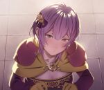  1girl :o absurdres bernadetta_von_varley blunt_bangs breasts capelet cleavage fire_emblem fire_emblem:_three_houses from_above gloves grabbing grey_eyes hair_ornament highres long_sleeves looking_at_viewer looking_up medium_breasts official_alternate_hairstyle pomelomelon pout pov purple_hair scene_reference short_hair solo 