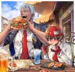  1boy 1girl andy_(undead_unluck) beer_mug black_hair black_suit blue_eyes breasts brown_eyes burger cafe chopsticks clothes_writing cup day eating english_text food food_in_mouth glass gloves holding holding_chopsticks holding_food ichisan izumo_fuuko large_breasts mug necktie open_mouth outdoors red_gloves red_headwear red_necktie sauce scar scar_across_eye shirt short_hair shrimp sitting smile suit sushi table teeth tomato tongue undead_unluck white_hair white_shirt 