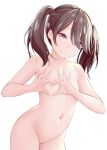  1girl :q areola_slip brown_hair closed_mouth collarbone commentary_request flat_chest groin hair_over_one_eye heart heart_hands highres kantai_collection kirigakure_(kirigakure_tantei_jimusho) looking_at_viewer navel no_pussy nude petite red_eyes ryuujou_(kancolle) simple_background smile solo tongue tongue_out twintails white_background 