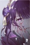 2girls absurdres blood blood_on_face blood_on_hands clenched_hand close-up crying genshin_impact grey_background hair_ornament hand_on_another&#039;s_head highres holding_hands japanese_clothes makoto_(genshin_impact) multiple_girls purple_eyes purple_hair raiden_shogun sad siblings simple_background sisters streaming_tears teardrop tearing_up tears twins wocalei2 