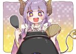  +_+ 1girl absurdres apron black_ribbon blunt_bangs blush brown_horns commentary demon_girl demon_horns demon_tail frilled_apron frills gradient_background highres holding holding_spoon horns japanese_clothes kimono long_hair medium_bangs mita_risuto mole mole_under_mouth nanashi_inc. neck_ribbon open_mouth pointy_ears purple_background purple_eyes purple_hair purple_kimono ribbon saionji_mary shamoji smile solo spoon tail teeth upper_body upper_teeth_only virtual_youtuber white_apron yellow_background 
