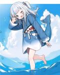  1girl ;d animal_costume barefoot blue_eyes blue_hair blue_hoodie blue_nails blue_sky bubble cloud commentary cumulonimbus_cloud day drawstring feet fingernails fins fish_tail gawr_gura grey_hair hair_ornament hand_up highres hololive hololive_english hood hoodie light_blush long_sleeves looking_at_viewer luckyeldayo medium_hair multicolored_hair nail_polish one_eye_closed one_side_up outdoors shark_costume shark_girl shark_hair_ornament shark_print shark_tail sharp_teeth sky smile solo standing standing_on_one_leg streaked_hair tail teeth toenail_polish toenails toes upper_teeth_only virtual_youtuber wading water wide_sleeves 