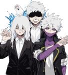  4boys all_for_one_(boku_no_hero_academia) ametaro_(ixxxzu) bald black_jacket blue_eyes blue_fire boku_no_hero_academia burn_scar cheek_piercing collared_shirt dabi_(boku_no_hero_academia) dr._garaki_kyudai ear_piercing facial_hair fire formal goggles grin highres jacket male_focus medium_hair multiple_boys multiple_piercings multiple_scars mustache nose_piercing piercing red_eyes scar scar_on_arm scar_on_face scar_on_hand scar_on_mouth scar_on_neck shigaraki_tomura shirt short_hair simple_background smile spiked_hair staple stapled stitches suit suit_jacket white_background white_hair white_shirt wrinkled_skin 