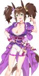  1girl absurdres animal_ears bike_shorts blue_eyes breasts brown_hair chest_sarashi cleavage codename47 cowboy_shot fang fox_mask fox_shadow_puppet highres horse_ears horse_girl horse_tail inari_one_(umamusume) japanese_clothes kimono large_breasts looking_at_viewer mask open_mouth purple_kimono rope sarashi shimenawa shorts simple_background smile solo tail twintails umamusume white_background white_shorts 