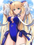  1girl ahoge armpits arms_behind_head arms_up artoria_caster_(fate) artoria_caster_(swimsuit)_(fate) artoria_caster_(swimsuit)_(third_ascension)_(fate) artoria_pendragon_(fate) bare_shoulders blonde_hair blue_one-piece_swimsuit blue_ribbon blue_sky bow breasts cleavage covered_navel detached_sleeves facial_mark fate/grand_order fate_(series) forehead_mark green_eyes hair_bow highleg highleg_swimsuit long_hair looking_at_viewer medium_breasts neko_daruma one-piece_swimsuit ribbon sky solo swimsuit thighs twintails very_long_hair white_ribbon white_sleeves 