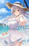  1girl azuki_yui beach bracelet breasts cloud dress flower flower_bracelet grey_hair hat highres jewelry kyou_mo_ikite_te_erai! long_hair ocean palm_tree reaching_towards_viewer shore solo sun_glare sun_hat sundress tree water white_dress yellow_flower 