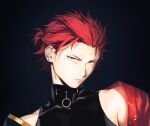  1boy black_background black_shirt closed_mouth commentary_request earrings ensemble_stars! green_eyes highres jewelry kiryu_kuro looking_at_viewer male_focus namo portrait red_hair shirt short_hair sleeveless sleeveless_turtleneck solo stud_earrings turtleneck 