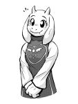  2_horns advos anthro boss_monster bovid caprine clothed clothing digital_media_(artwork) eyelashes female fingers fur horn mammal mature_female monochrome simple_background smile solo toriel undertale undertale_(series) white_body white_fur 