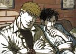  2boys bad_id bad_tumblr_id bara beard_stubble black_hair blonde_hair couch couple cris_art crossed_arms ear_piercing eyebrow_piercing hand_on_own_chin head_tilt hulkling laughing layered_shirt male_focus marvel multiple_boys mustache_stubble muted_color on_couch open_clothes open_shirt pectorals piercing short_hair sideburns sleeves_rolled_up sunlight thick_eyebrows upper_body wiccan yaoi 