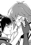  2boys absurdres bandaid bandaid_on_face black_hair blush couple facing_to_the_side gloves greyscale hand_on_another&#039;s_face hand_to_own_face high_collar highres jacket looking_at_another male_focus monochrome multiple_boys one_eye_closed open_mouth parted_lips screentones shirt short_hair simple_background smile standing upper_body yaoi youko-shima yu-gi-oh! yu-gi-oh!_5d&#039;s 