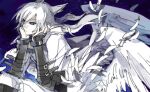  1boy bad_id bad_pixiv_id blue_eyes boots gloves hair_between_eyes hair_ornament hairclip jacket long_hair looking_at_viewer male_focus personification pokemon reshiram simple_background solo standing white_hair yara_kami_meiosei 