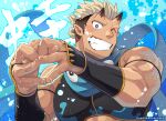  1boy air_bubble arm_garter bara black_hair blonde_hair blue_background blue_scarf blush bubble crop_top grin highres horns jiraiya_(housamo) looking_at_viewer male_focus multicolored_hair muscular muscular_male one_eye_closed oni pointy_ears scarf short_hair skin-covered_horns smile solo sumi_wo_hakuneko thick_arms tokyo_afterschool_summoners twitter_username two-tone_hair undercut upper_body vambraces 